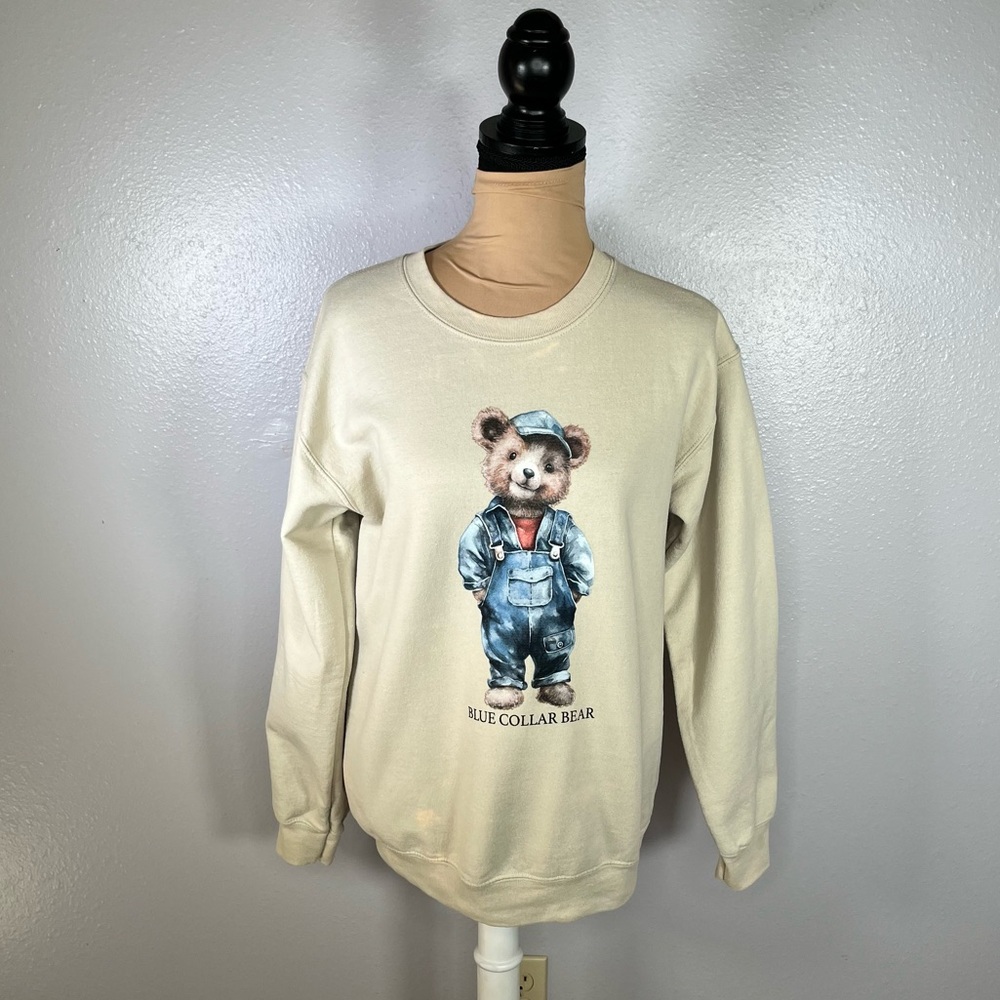 Blue Collar graphic teddy Bear Sweatshirt S soft Cozy Fall bearcore minimalist
